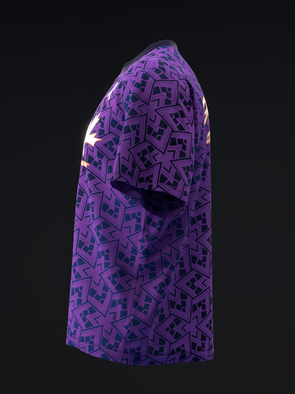 Purple bowling jersey with dark geometric pattern, side view