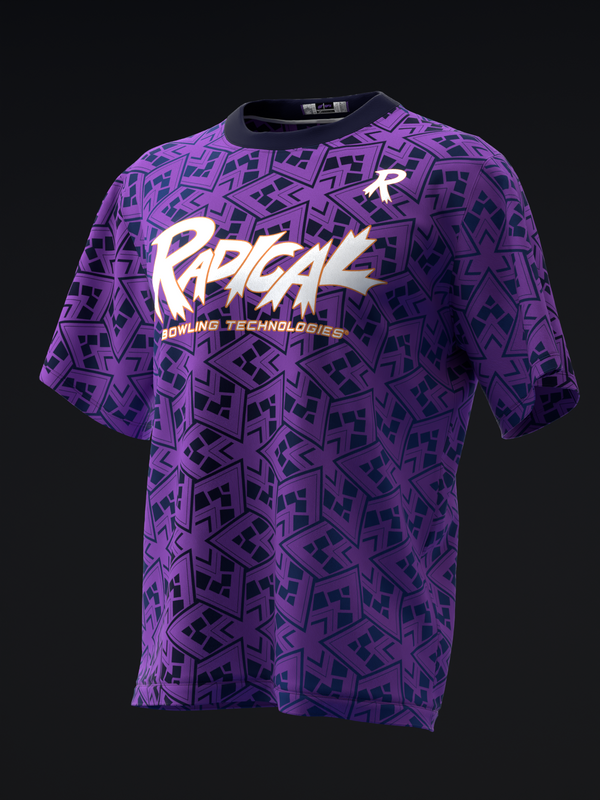 Purple bowling jersey with geometric pattern and white Radical logo on front