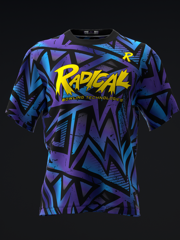 Radical bowling jersey front with purple, blue, and black geometric pattern and yellow logo text