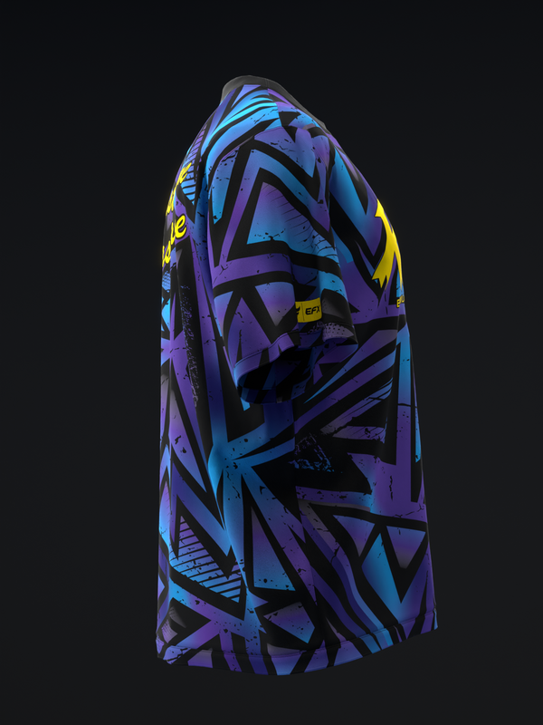 Purple and black bowling jersey with cyan and yellow geometric pattern, side view