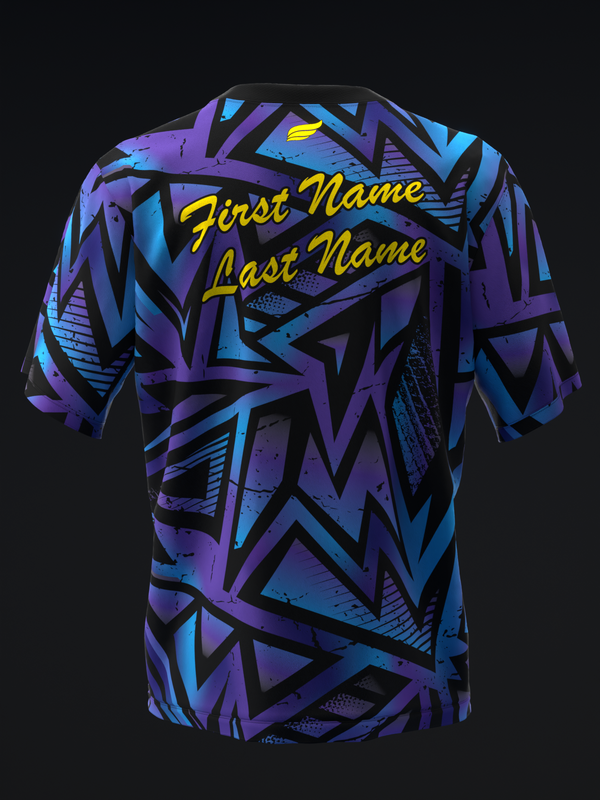 Purple and blue geometric bowling jersey with yellow personalized name text, back view