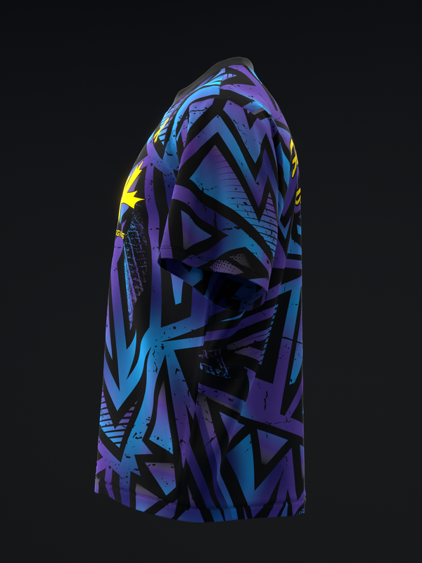 Purple and blue bowling jersey with black geometric angular pattern, side view