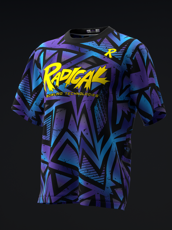 Front view bowling jersey with purple and blue geometric pattern and yellow Radical logo