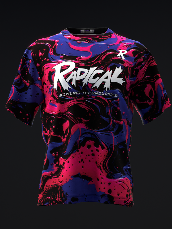 Radical bowling jersey with vibrant pink and blue swirled abstract pattern on front