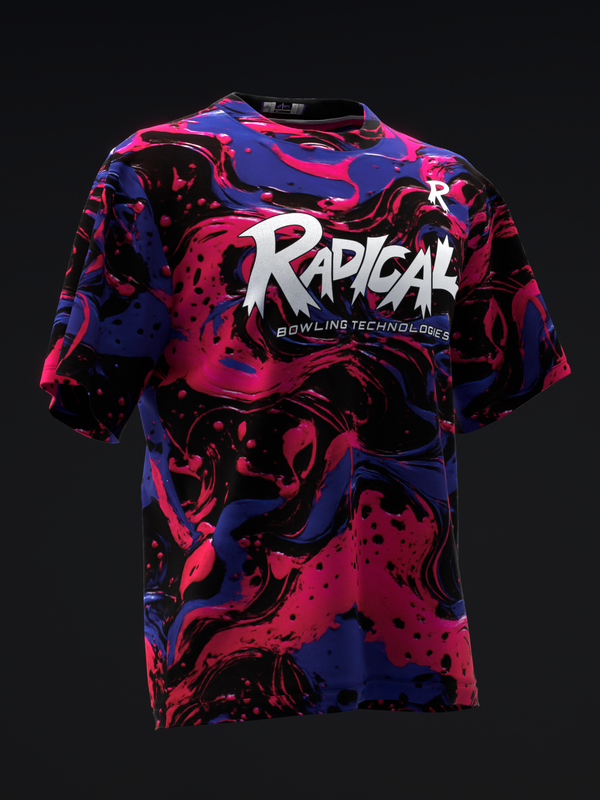 Bowling jersey with vibrant red, blue, and black abstract swirl pattern and Radical logo