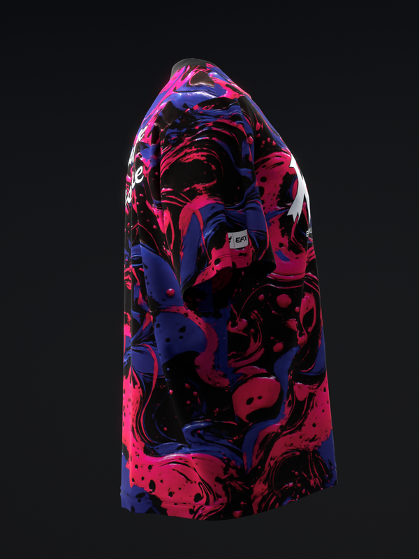 Hot pink and blue abstract swirl bowling jersey displayed on dress form
