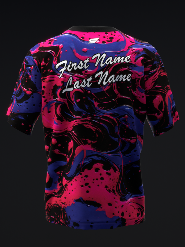 Bowling jersey back view with bright pink, blue, and black abstract swirl pattern and personalized name text