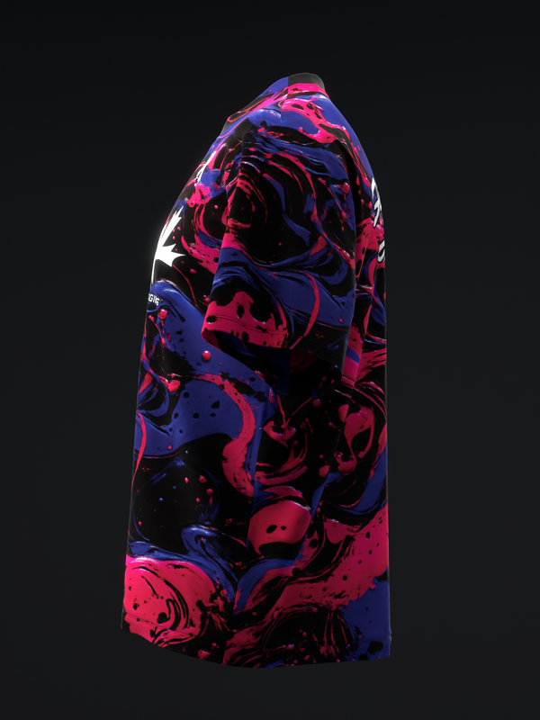 Bowling jersey with vibrant neon pink, blue, and black abstract swirl pattern, side view