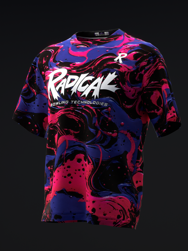 Bowling jersey front view with vibrant pink, blue, and black abstract swirled pattern and white Radical logo