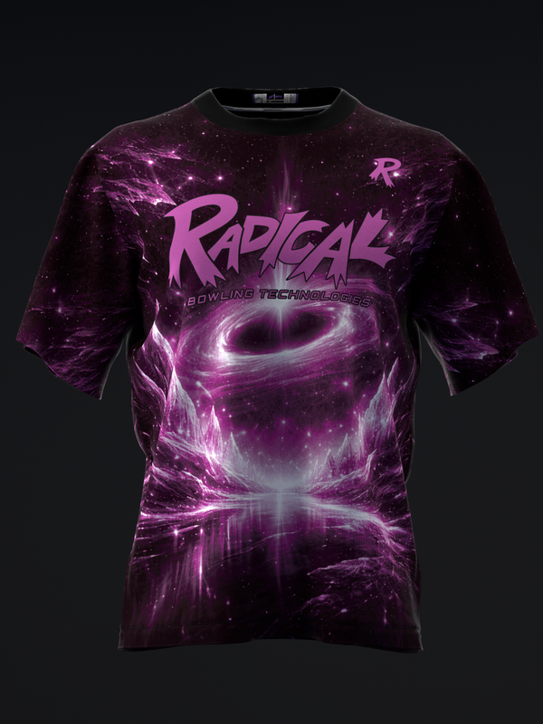 Front view of black bowling jersey with purple cosmic galaxy and black hole graphic design