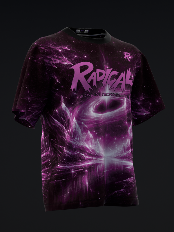 Black bowling jersey with purple cosmic galaxy and black hole graphic design