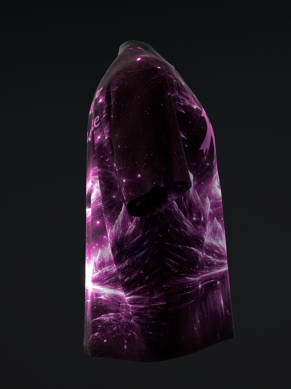 Black bowling jersey with vibrant purple cosmic and black hole graphic design