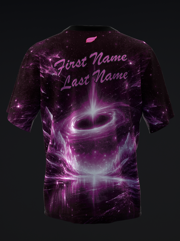 Black bowling jersey with purple galaxy and black hole graphic, customizable text