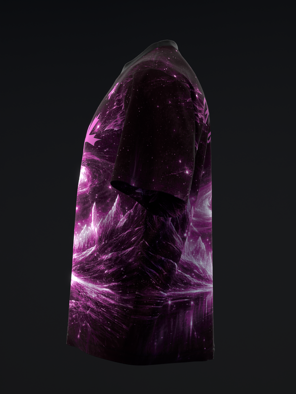Black bowling jersey with purple and magenta cosmic swirl graphic, side view