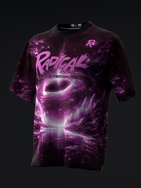 Black bowling jersey with purple cosmic black hole graphic and pink Radical branding