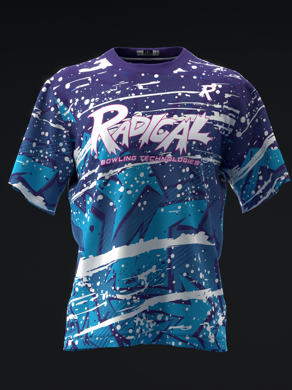 Purple and teal bowling jersey with splatter pattern and white graphic text
