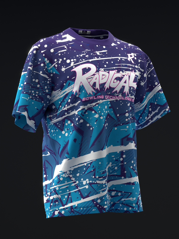 Navy and teal bowling jersey with abstract splatter design and Radical logo
