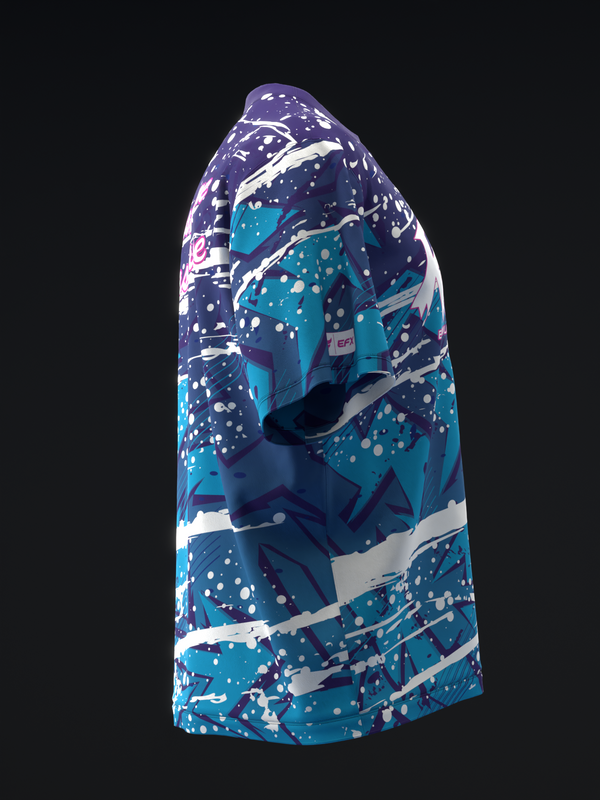Blue and navy bowling jersey with white diagonal stripes and scattered dot pattern
