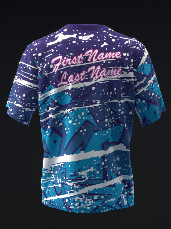 Navy and teal bowling jersey with white splatter pattern and pink name bands