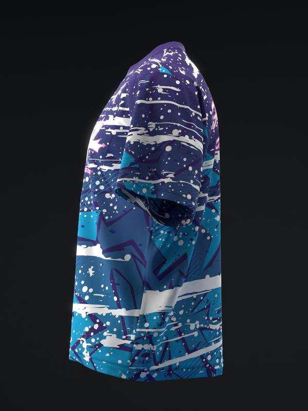 Navy and teal bowling jersey with abstract geometric and splatter pattern, side view