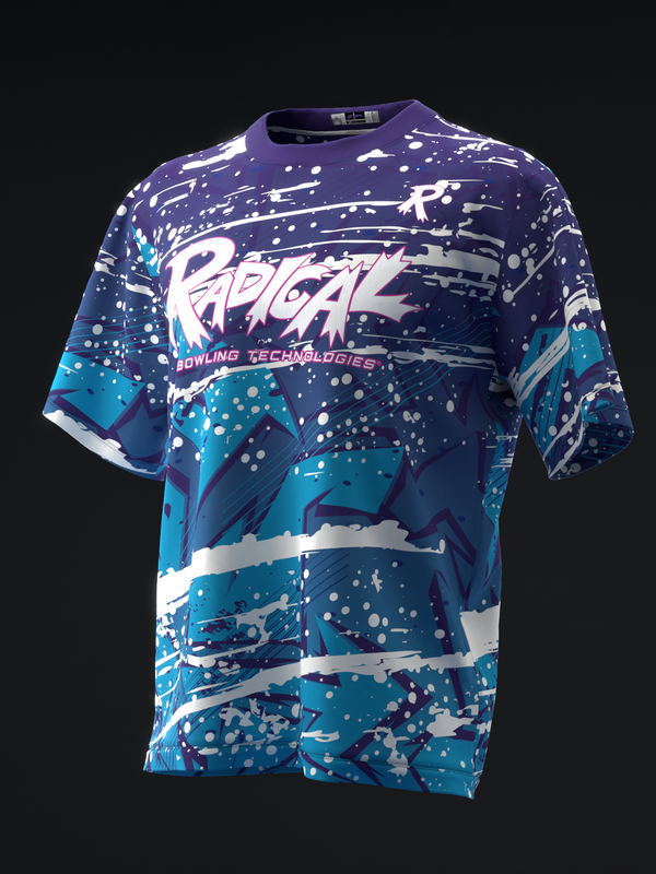 Purple and teal bowling jersey with white splatter pattern and Radical logo