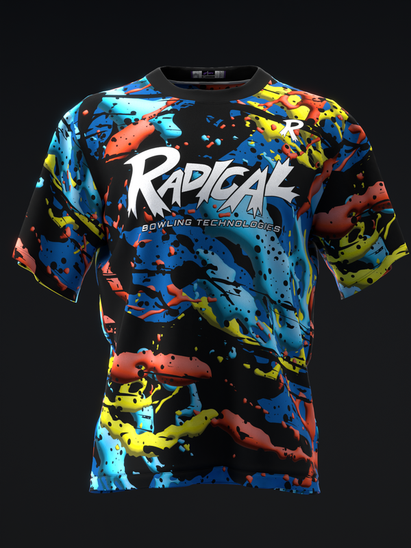 Black bowling jersey with colorful splatter pattern and Radical logo on front