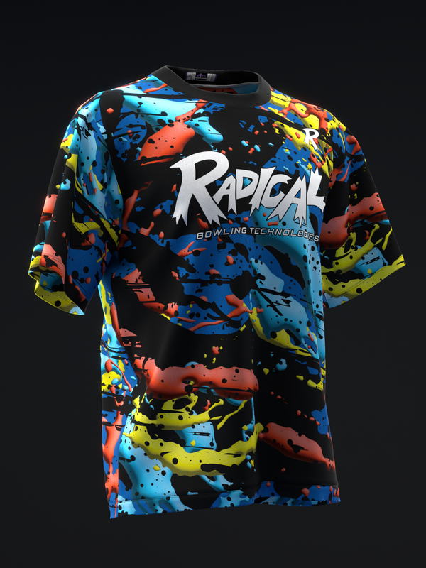 Black bowling jersey with colorful paint splatter pattern and white Radical logo