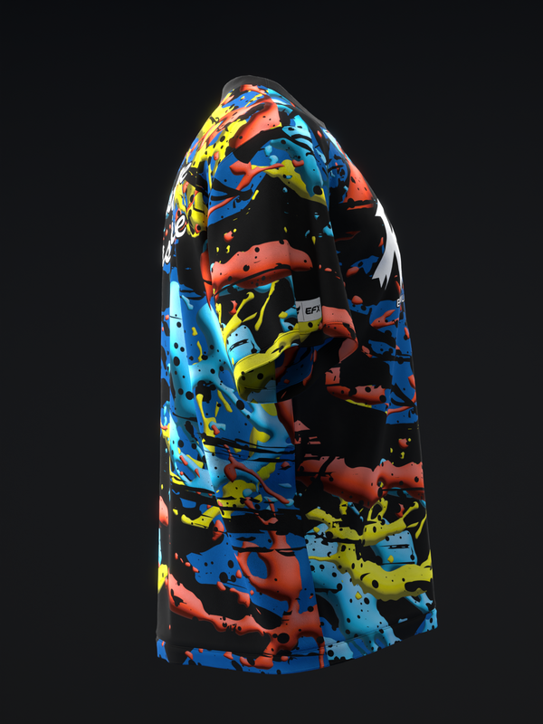 Black bowling jersey with multicolor abstract splatter pattern in blue, red, and yellow
