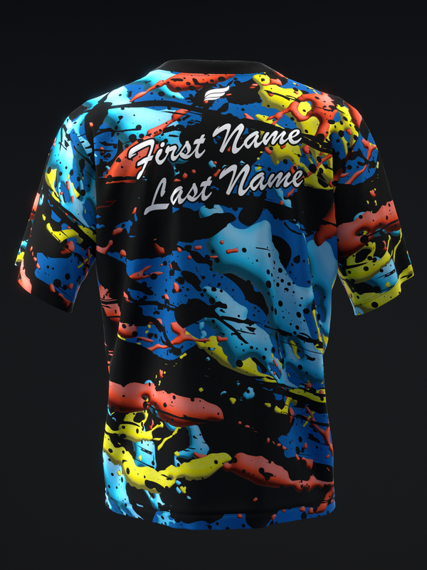 Bowling jersey with colorful paint splatter pattern in blue, red, and yellow on black, front view with personalization text