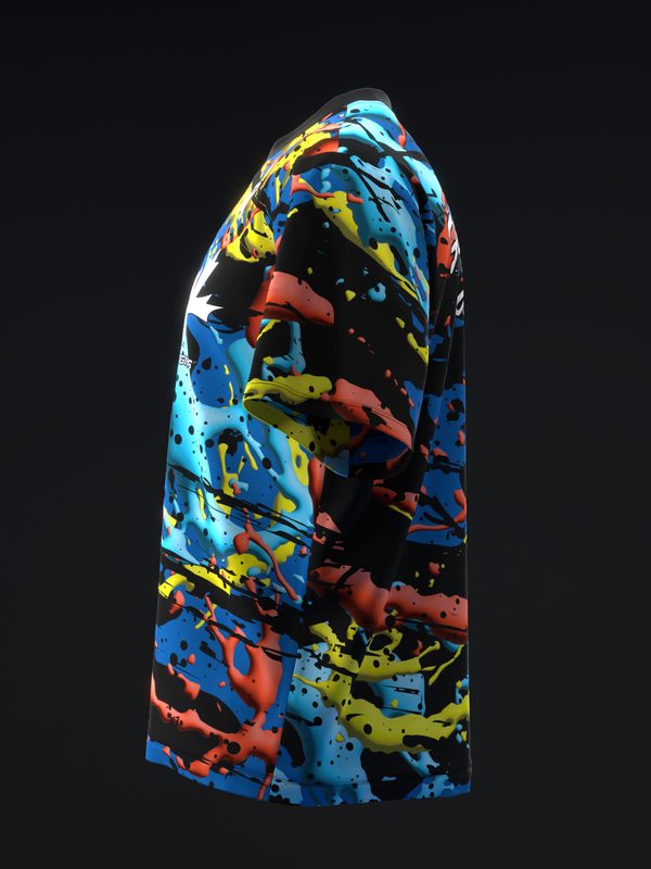 Bowling jersey with blue, red, yellow, and black splatter paint design on front