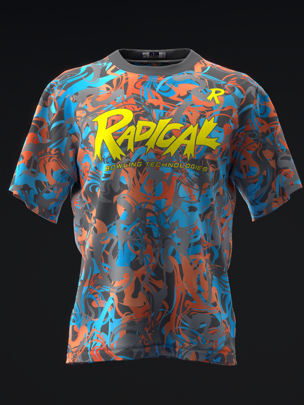 Radical bowling jersey front view with blue, orange, and gray camo pattern and yellow logo