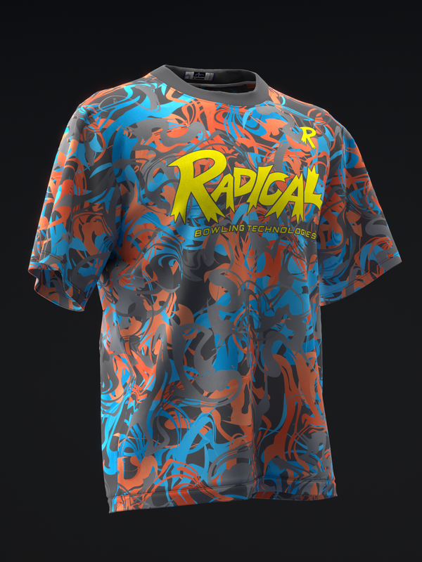 Radical bowling jersey front view with blue, orange, and gray abstract camo pattern and yellow text logo