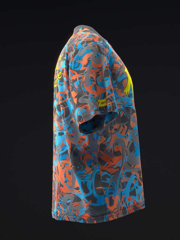 Blue and orange abstract splatter pattern bowling jersey, side view