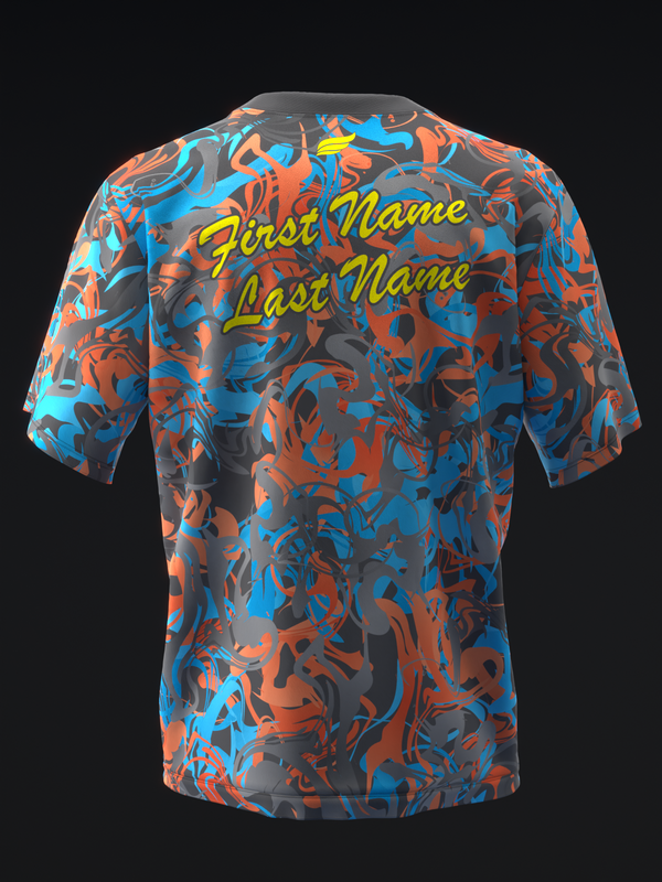 Bowling jersey back view with orange, blue, and gray abstract camo pattern and yellow text