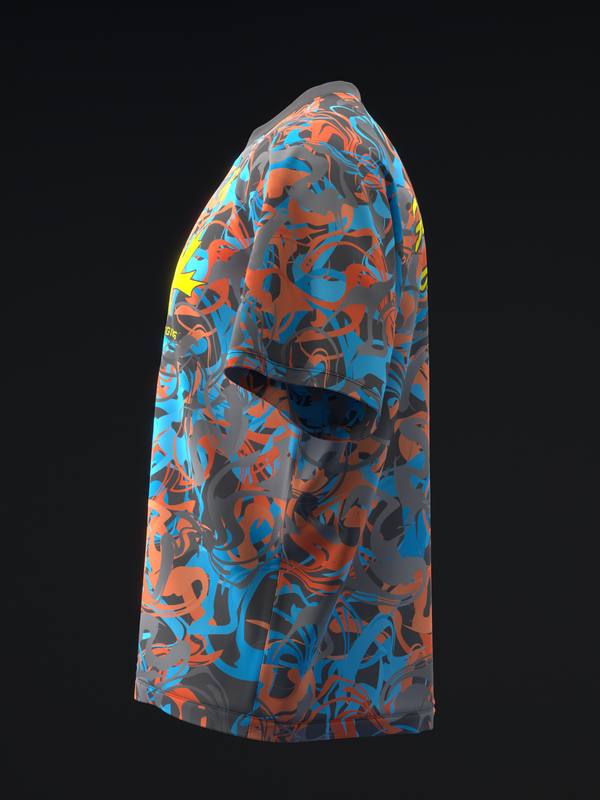 Bowling jersey with abstract orange and blue splatter pattern on gray base, side view