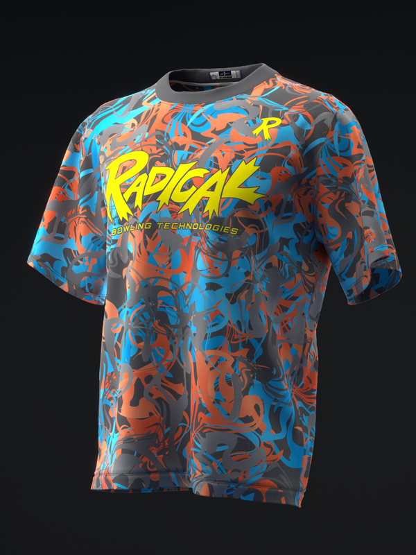 Blue and orange camo bowling jersey with yellow Radical graphic text