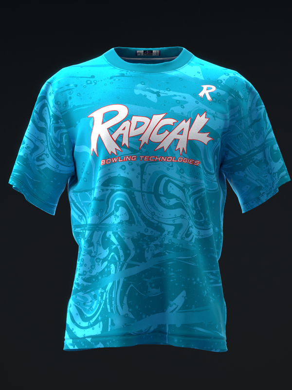 Bright turquoise bowling jersey with abstract liquid swirl pattern and Radical logo