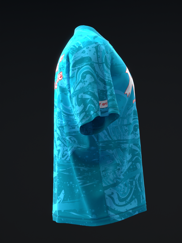 Bright turquoise bowling jersey with abstract swirl pattern design, side view