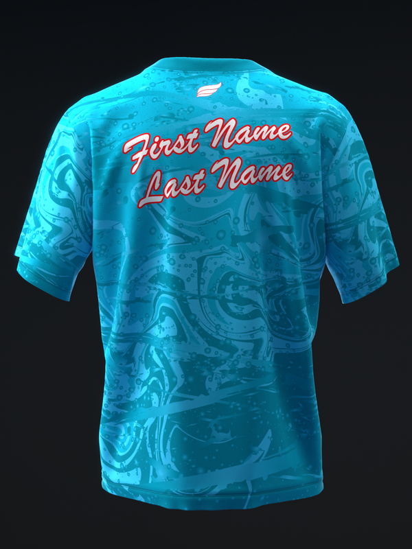 Bright turquoise bowling jersey with abstract liquid pattern and red script text on back