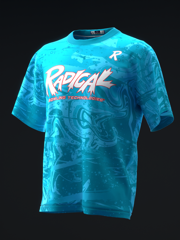 Bright turquoise bowling jersey with Radical logo and swirl pattern design