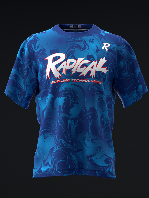 Blue bowling jersey with swirled marble pattern and white Radical text logo
