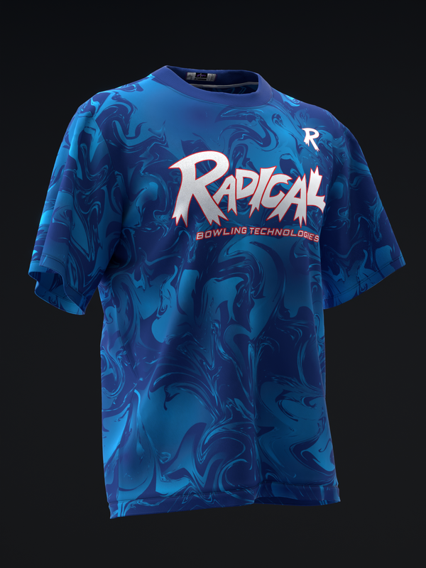 Blue bowling jersey with swirled marble pattern and Radical Bowling Technologies logo front view