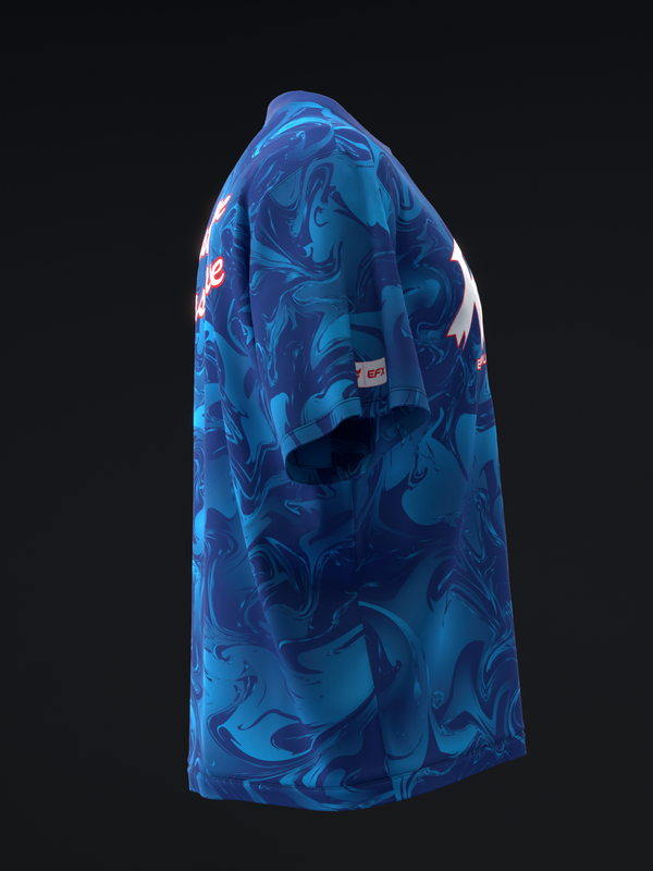 Blue bowling jersey with swirled abstract pattern and white accents, side view