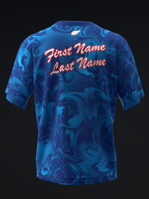 Blue marble pattern bowling jersey back view with red personalized name text
