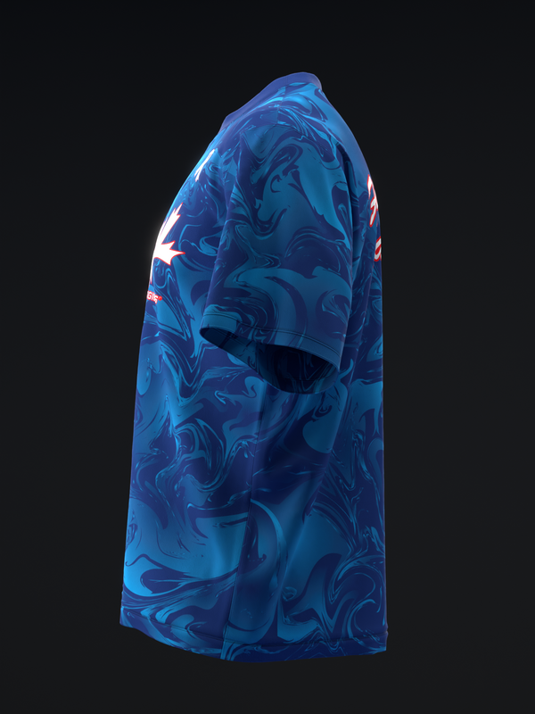 Blue bowling jersey with abstract swirled pattern and red accents, side view