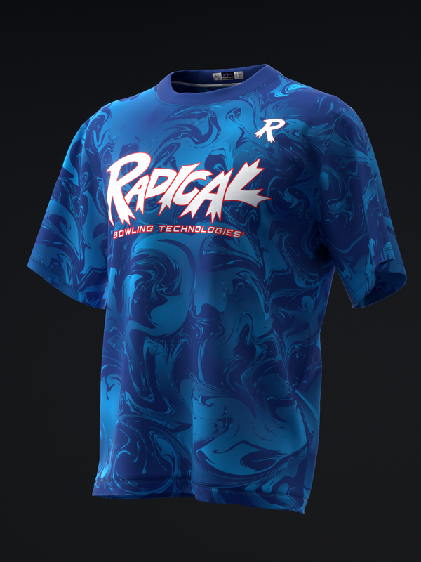 Blue bowling jersey with white Radical logo and abstract swirl pattern, front view