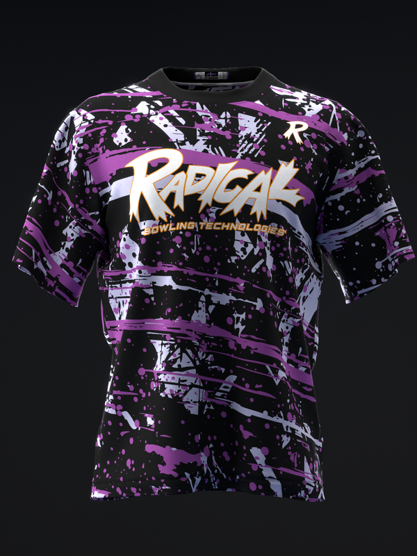 Black bowling jersey with purple and white splatter pattern and Radical logo