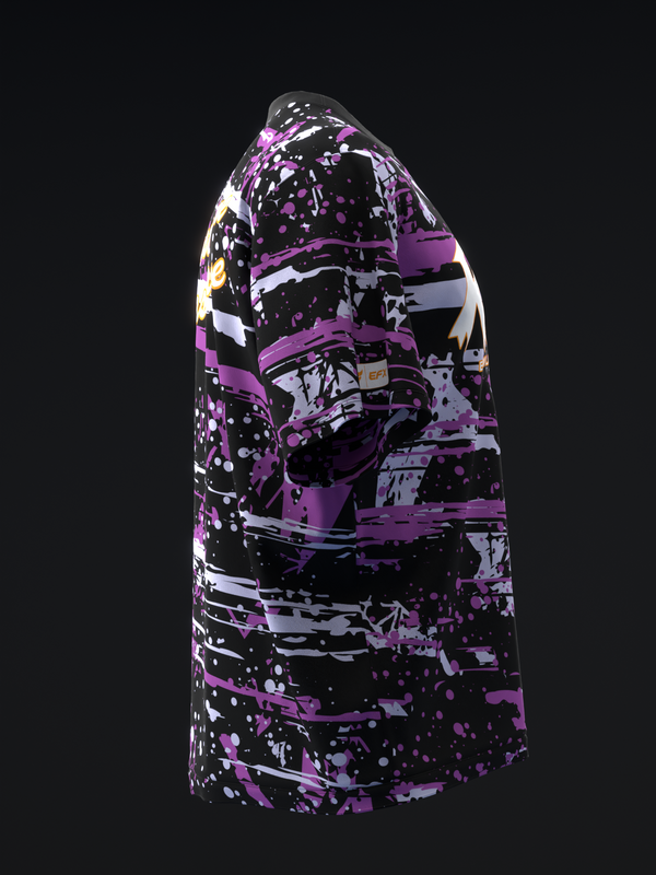 Black bowling jersey with purple, white, and lavender splatter and stripe pattern
