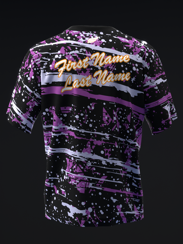 Black bowling jersey with purple and white splatter design and gold text