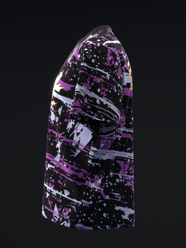 Black bowling jersey with purple, white, and blue abstract splatter and geometric design, side view